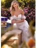 Strapless Ivory Lace Tulle Wedding Dress With Detachable Feather Cape